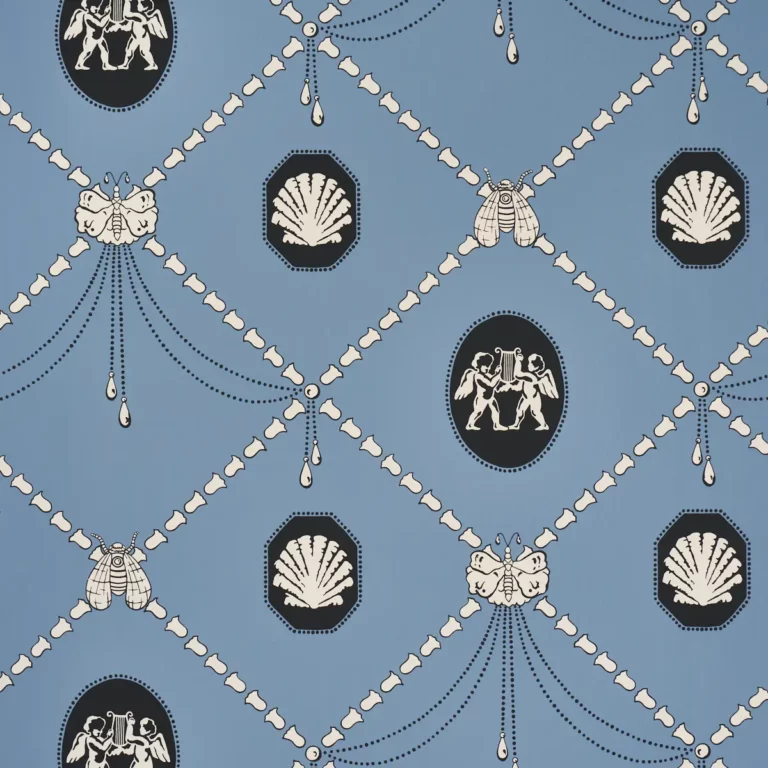 Edith wallpaper detail: cameo medallions of shells and cherubs on a light blue trellis with dotted swags