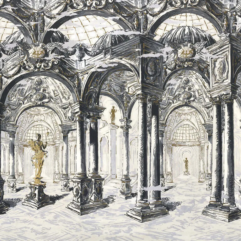 Close-up of Palazzo panel set wallpaper showing baroque arches and statues in charcoal with subtle gold accents