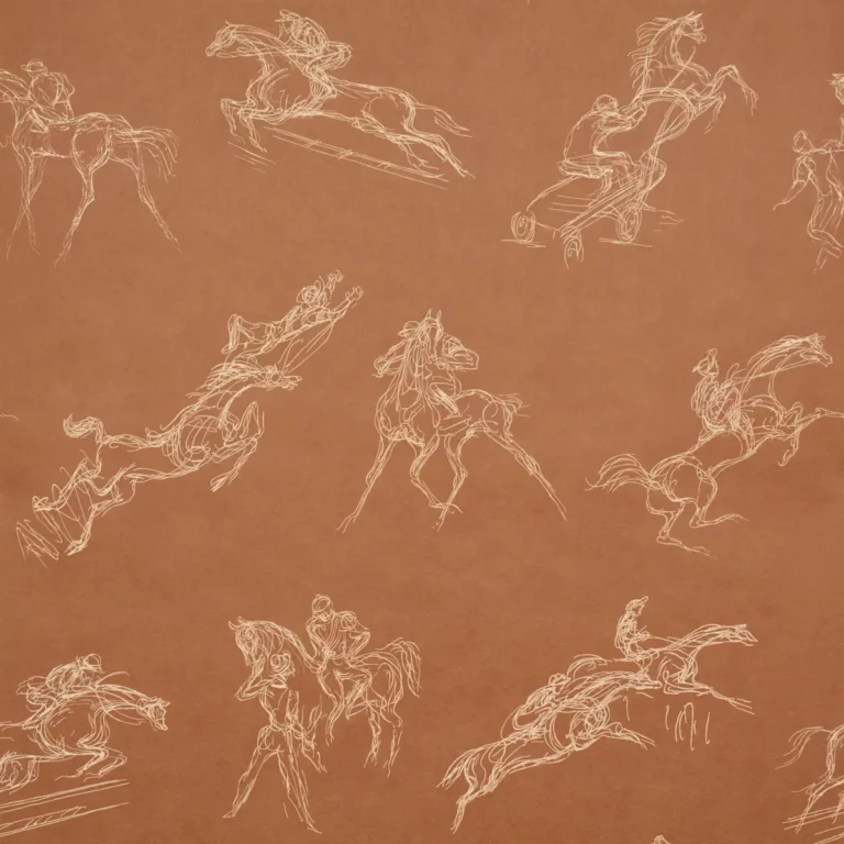 Tanbark wallpaper with gestural horse studies printed on an earthy brown ground